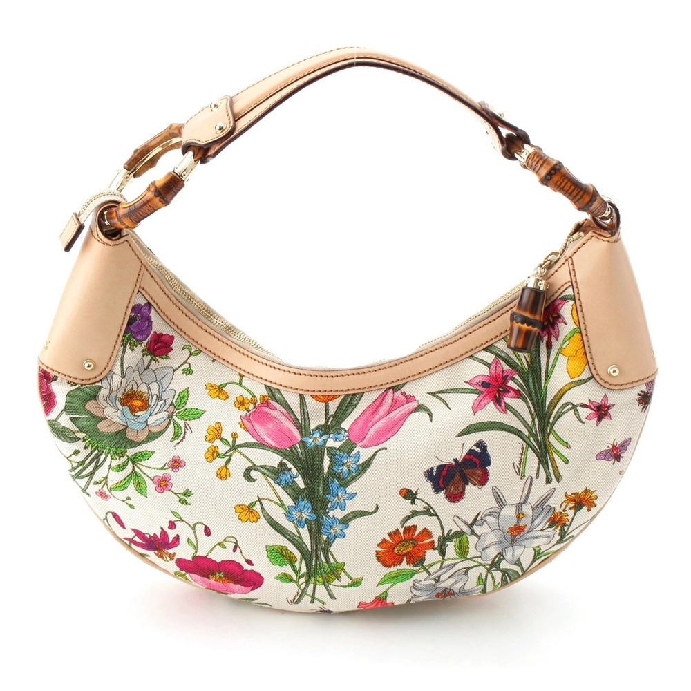Gucci Floral Bamboo Semi Hobo Handbag Multicolor